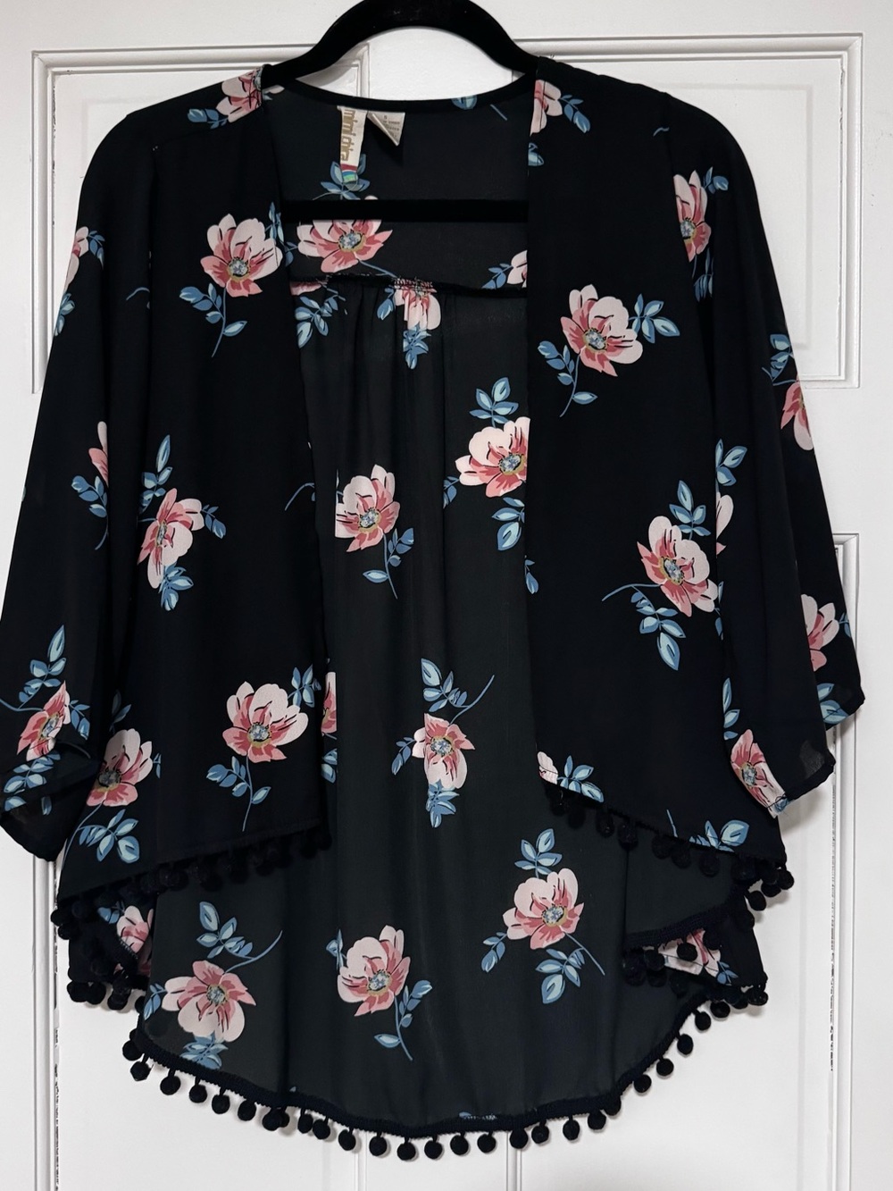 Mimi Chica Black Floral Kimono with Pink Blossoms and Pom-Pom Trim
